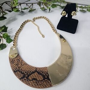 Crescent Snakeskin and Gold Necklace Earrings Set New